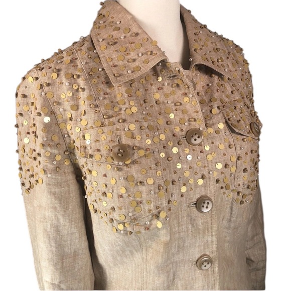 Just B Berek Western Formal Jacket Tan Size L 100% Linen Gold Sequins Beading - Picture 3 of 12